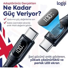 Vigordurus 100W Type-C To Type-C Dijital LED Ekranlı Göstergeli Hızlı Şarj Kablosu E-Mark Çipli, Dayanıklı Örgülü, 1.2m, Usb-C Pd 3.0, 15 16,17 Telefon, Laptop Tablet Uyumlu