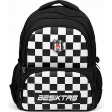 Beşiktaş Lisanslı 4 Bölmeli Dama Desenli Okul Çantası - Rubber Logolu Su Itici Kumaşlı Okul Sırt Çantası