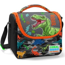 Vigordurus Siyah Turuncu Yeşil Dinazor Baskılı Erkek Çocuk Beslenme Çantası