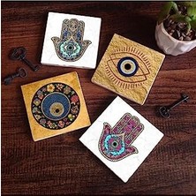 Vigordurus Nazar, Fatma Ana Eli  Taş Bardak Altlığı Seti - 4 Parça - Dekoratif, Rustik Mutfak Aksesuarı, 10X10 Cm, Kaydırmaz Tabanlı, Şık ve Dayanıklı SC511