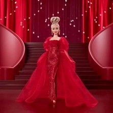 Vigordurus Işıltılı Kırmızı Tül Elbisesi, Damla Küpeleri ve Tül Eldivenleri ile Sarı Saçlı Bebek, Koleksiyona Uygun Mattel 80. Yıl Dönümü Bebeği, JBJ17