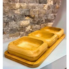 Vigordurus Bambu 3'lü Ahşap Sunum Seti Kahvaltılık Çerezlik Reçellik Tepsili Şık ve Pratik Servis Ürünü (Kare)