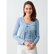 Jimmy Key Mavi Çiçek Nakışlı V Yaka Uzun Kollu Örme Hırka