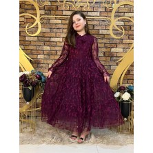 Bes Trend Kız Çocuk Dantelli Yaprak Desenli Tam Boy Abiye Elbise