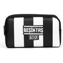 Beşiktaş Lisanslı Çift Bölmeli Çubuklu Desen Kalemlik - Rubber Logolu Su Itici Kumaşlı Kalem Kutusu