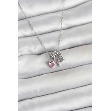 Evyora 316L Çelik Gümüş Pembe Zirkon Taşlı Charmlı Kadın Kolye