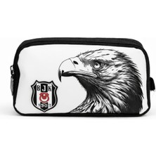 Beşiktaş Lisanslı Çift Bölmeli Kartal Desenli Kalemlik - Rubber Logolu Su Itici Kumaşlı Kalem Kutusu