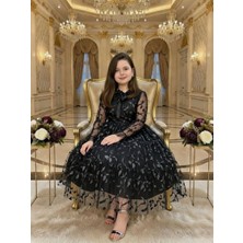 Bes Trend Kız Çocuk Dantelli Yaprak Desenli Tam Boy Abiye Elbise