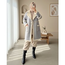 Modamorfo Içi Kürklü Çift Düğmeli Cepli Süet Kaban -Gri