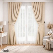 Pikeli Ada Kanat Fon - 1/3 Sık Pileli - Kadife Dokulu - Tek Kanat - Bej Renk