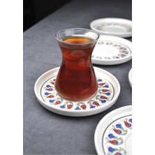 Qualitev 6\'lı Porselen Çay Tabağı Yaldızlı Lale Motifli Gold Çay Tabak Çini Desen-Tuna