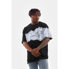 Freedom Bisiklet Yaka Baskılı Oversize T-Shirt - Siyah -
