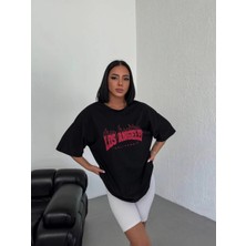 Freedom Bisiklet Yaka Baskılı Oversize T-Shirt - Siyah -