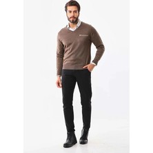 Freedom Baskılı V Yaka Uzun Kol Dokuma Triko - Kahve -