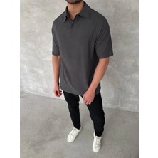 Freedom Yakalı Patlı Kısa Kol T-Shirt - Antrasit -
