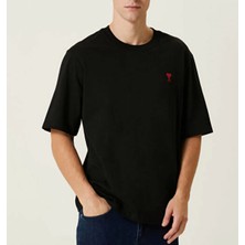 Freedom Bisiklet Yaka Baskılı Oversize T-Shirt - Siyah -
