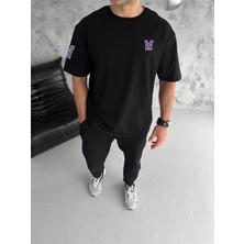 Freedom Bisiklet Yaka Baskılı Oversize T-Shirt - Siyah