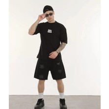 Freedom Bisiklet Yaka Baskılı Oversize T-Shirt - Siyah