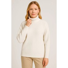 Freedom Balıkcı Yaka Bağazlı Triko Kazak Pamuklu Kalın Fitilli Dokuma - Beyaz