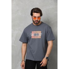 Freedom Bisiklet Yaka Baskılı Oversize T-Shirt - Füme -