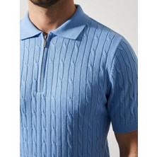 Freedom Erkek Yazlık Triko Saç Örgü Tişört Kısa Kol Polo Yaka Fermuarlı T-Shirt - Bebe Mavisi