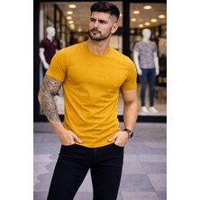 Freedom Erkek Body Tişört Bisiklet Yaka Slim Fit Likralı T-Shirt - Limon