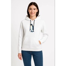 Freedom Kadın 3 Iplik Pamuklu Kapüşonlu Hoodie Sweatshirt Survivor Penguen Baskılı - Beyaz