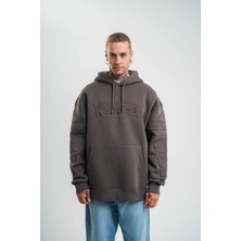 Freedom Erkek Nakışlı Kapüşonlu Oversize 3 Iplik Pamuklu Sweatshirt Hoodie - Füme
