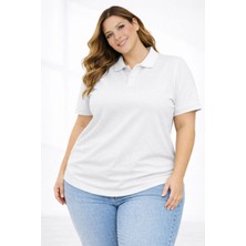 Freedom Kadın Battal Beden Tişört Polo Yaka Pike Kumaş Kısa Kol T-Shirt - Beyaz