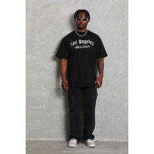 Freedom Oversize Baskılı Bisiklet Yaka T-Shirt - Siyah -