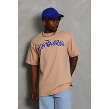 Freedom Oversize Baskılı Bisiklet Yaka T-Shirt - Bej -