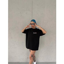 Freedom Kadın Bisiklet Yaka Baskılı Kısa Kol Oversize T-Shirt - Siyah