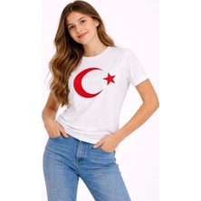 Freedom Kız Çocuk Tişört Bisiklet Yaka Ay Yıldız Bayrak Baskılı T-Shirt - Beyaz