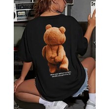 Freedom Büyük Boy Ayıcık Baskılı Bisiklet Yaka T-Shirt- Siyah -