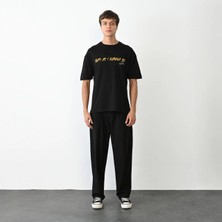 Freedom Bisiklet Yaka Baskılı Oversize T-Shirt - Siyah -