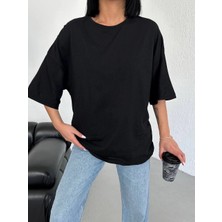 Freedom Kadın Düz T-Shirt Kısa Kol Bisiklet Yaka Oversize Tişört - Siyah