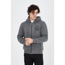 Freedom Erkek 3 Iplik Pamuklu Fermuarlı Kapüşonlu Kanguru Cepli Baskılı Hoodie Hırka Sweatshirt - Füme