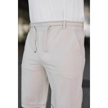 Freedom Erkek Diagonel Kumaş Duble Paça Cepli Bağcıklı Bel Lastikli Şort - Krem