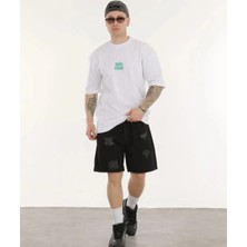 Freedom Bisiklet Yaka Baskılı Oversize T-Shirt - Beyaz