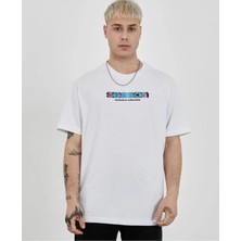Freedom Bisiklet Yaka Baskılı Oversize T-Shirt - Beyaz