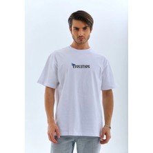 Freedom Bisiklet Yaka Baskılı Oversize T-Shirt - Beyaz -
