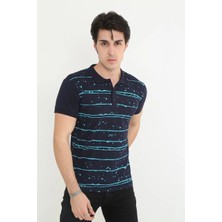 Freedom Yakalı Slim Fit Pike Çizgili T-Shirt - Lacivert -