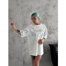Freedom Bisiklet Yaka Baskılı Oversize T-Shirt - Beyaz