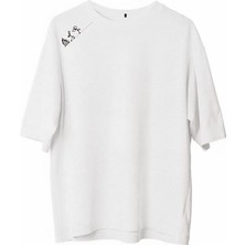 Freedom Bisiklet Yaka Baskılı Oversize T-Shirt - Beyaz -