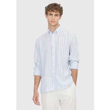 Ramsey Mavi Çizgili Regular Fit Uzun Dokuma Casual %100 Keten Gömlek