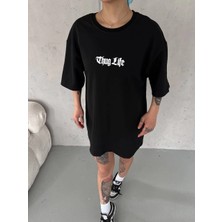 Freedom Bisiklet Yaka Baskılı Oversize T-Shirt - Siyah -
