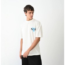 Freedom Bisiklet Yaka Baskılı Oversize T-Shirt - Beyaz -