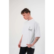 Freedom Bisiklet Yaka Baskılı Oversize T-Shirt - Beyaz -