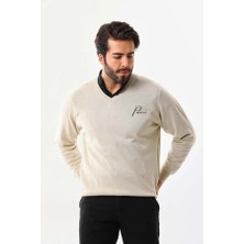 Freedom Baskılı V Yaka Uzun Kol Dokuma Triko - Bej -