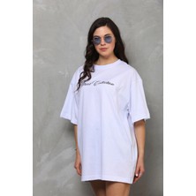 Freedom Bisiklet Yaka Baskılı Oversize T-Shirt - Beyaz